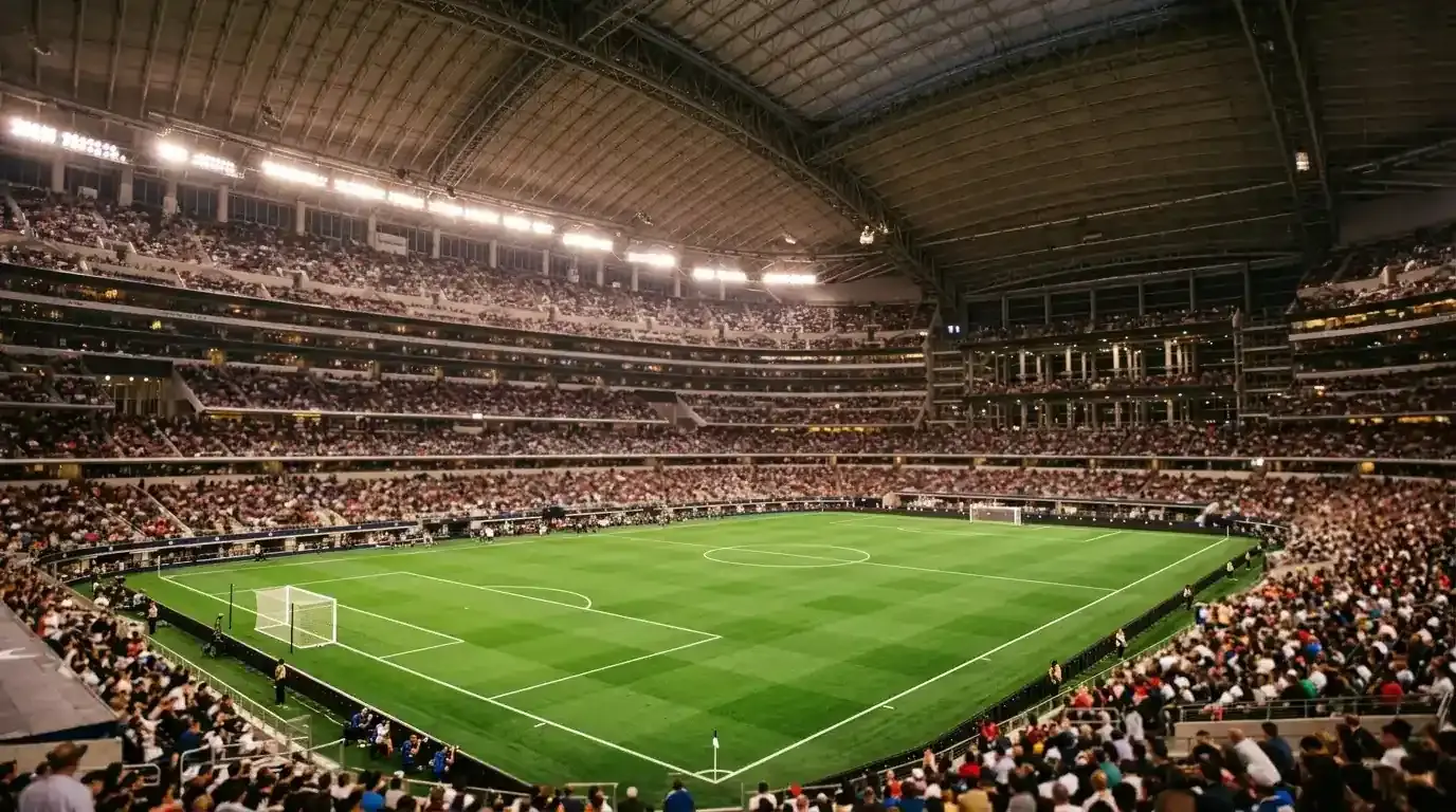 Stadion z zaprto streho pod umetno svetlobo, vzdušje pred večerno tekmo izločilnih bojev
