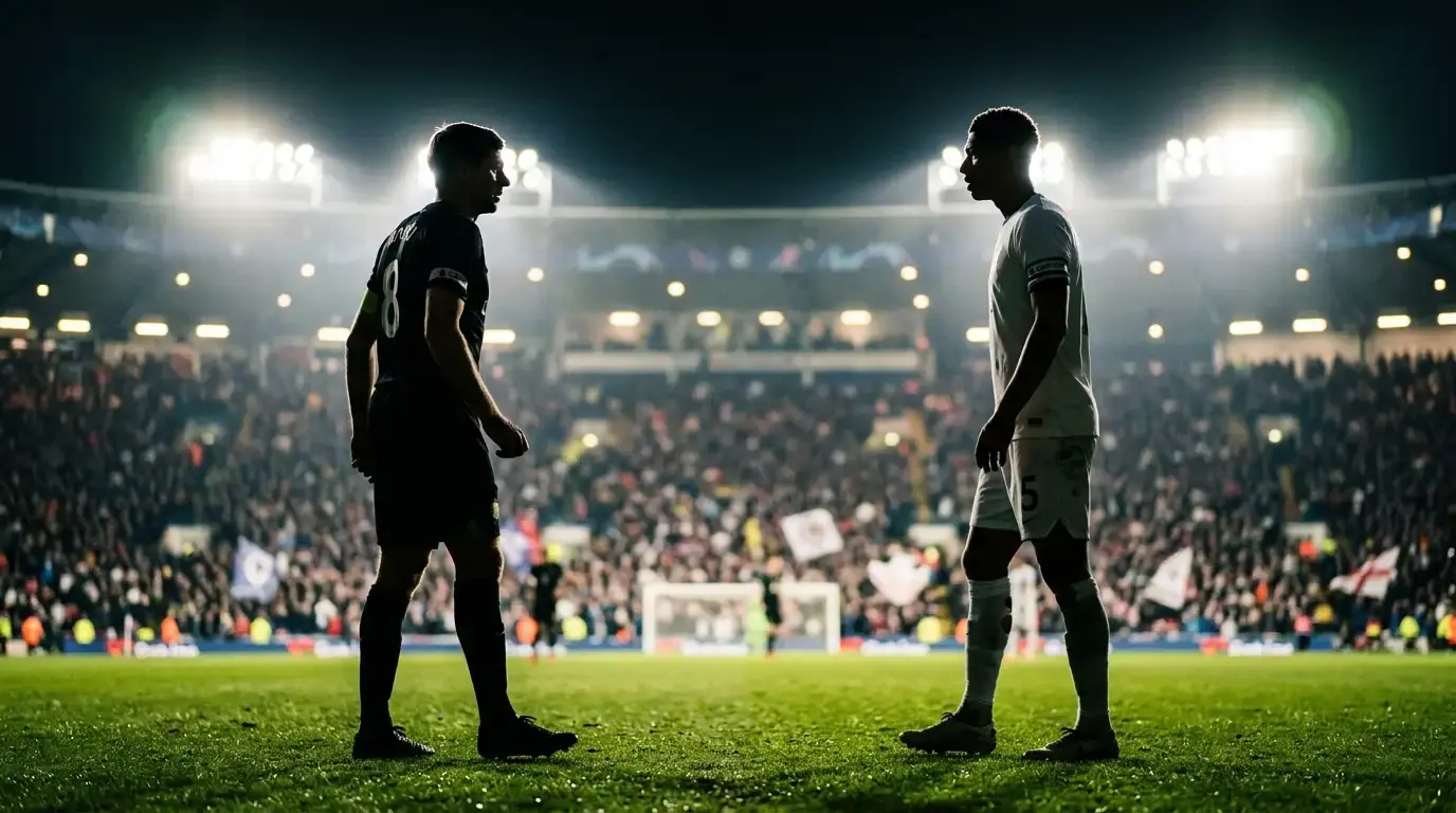 Modrić in Ronaldo silhueti pred nogometnim stadionom, ozadje žarometi