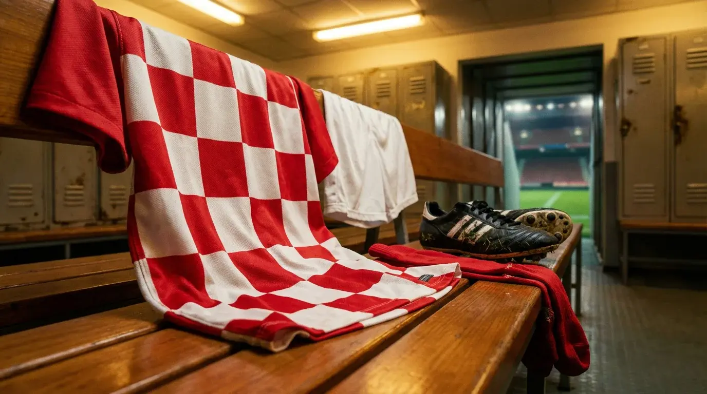 Hrvaški reprezentančni dres z značilnim šahovskim vzorcem na nogometnem igrišču