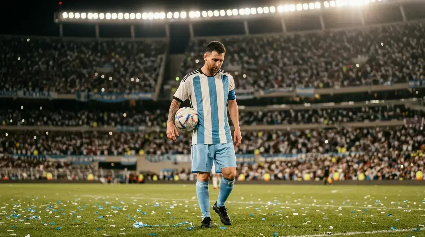 Nogometaš v argentinskem dresu stoji na igrišču z žogo pod roko, tiho in zamišljeno, pred polnim stadionom