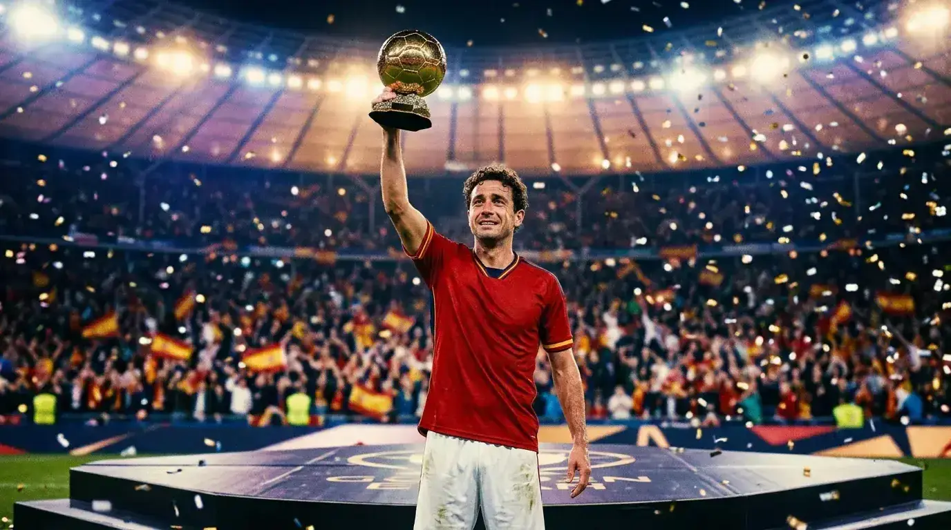 Španski nogometač dviguje zlato žogo v zrak pred razsvetljenim stadionom