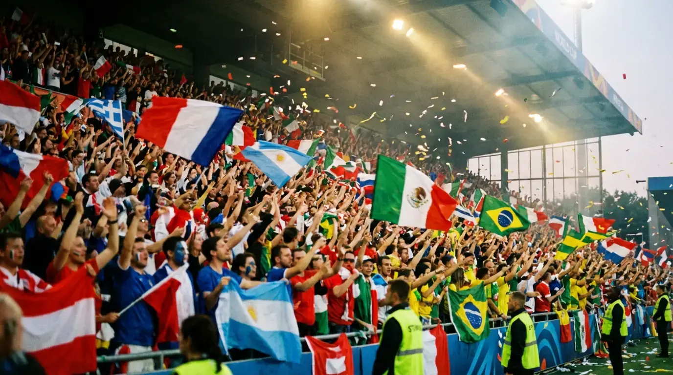 Navijači z zastavami različnih držav na tribunah med tekmo svetovnega prvenstva v nogometu