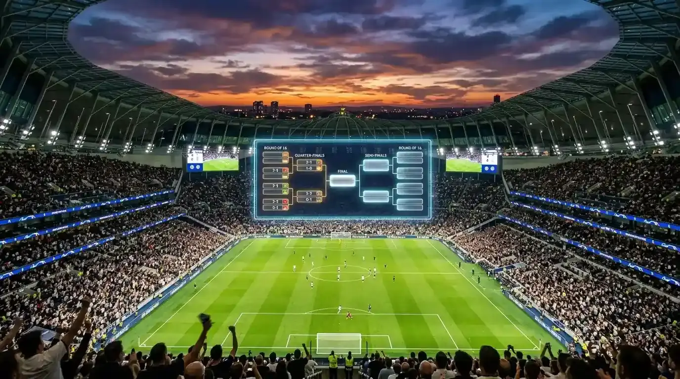 Shematska mreža izločilnih bojev na osvetljenem stadionu, simbol formiranja parov osmine finala