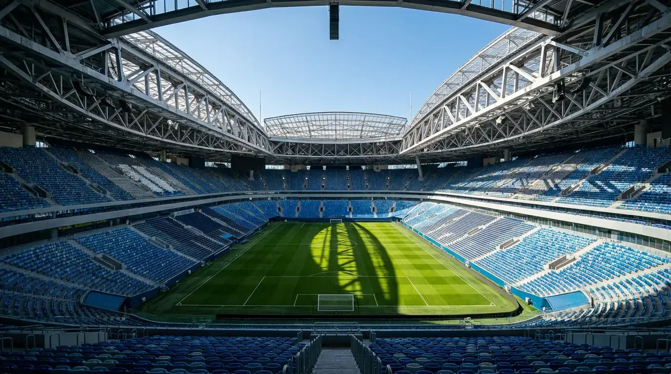 Notranjost velikega nogometnega stadiona z zeleno travnato površino pred tekmo SP 2026