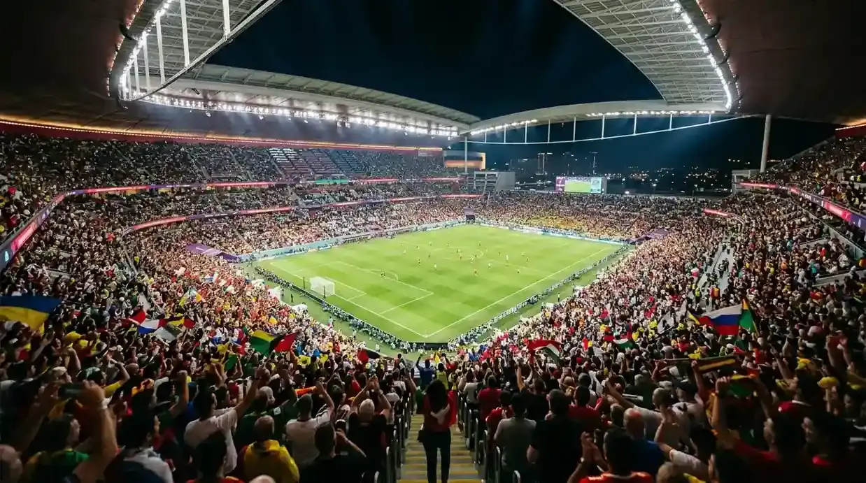 Širši pogled na razsvetljen stadion poln gledalcev s tribunami v nacionalnih barvah
