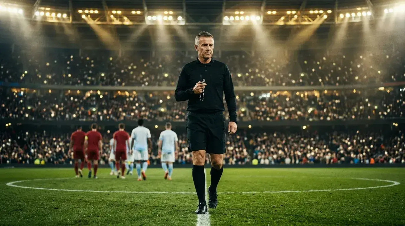 Sodnik v črni opravi s piščalko v rokah opazuje igro na razsvetljenem stadionu